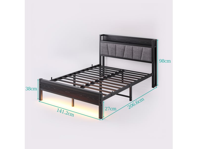  Cadre de lit 140 x 190 cm noir avec tête de lit de rangement, led et station de charge  - Conforama E