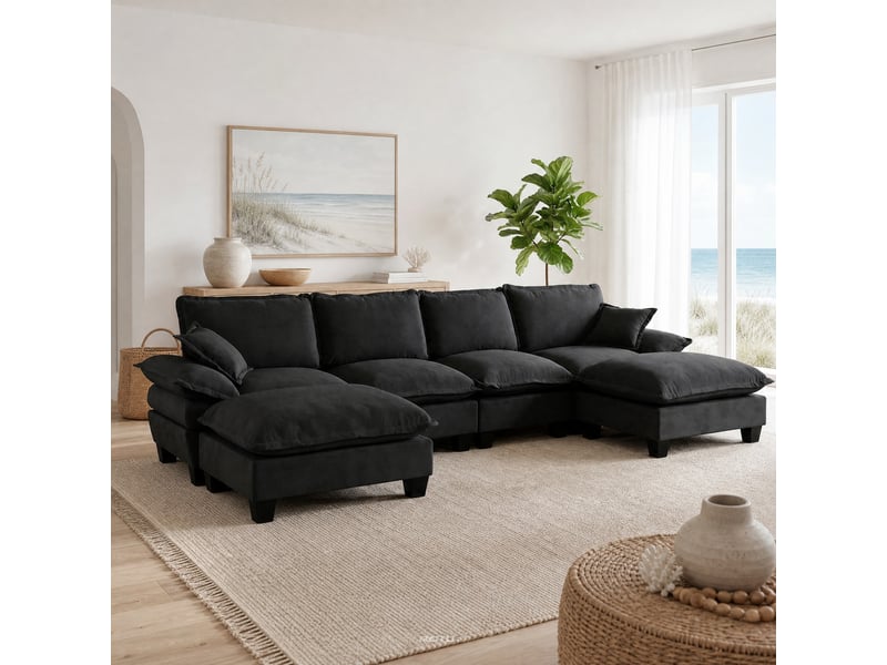 Canapé d'angle modulable en u modenvie 6 places en tissu chenillé noir avec module ottoman mobile - Conforama B