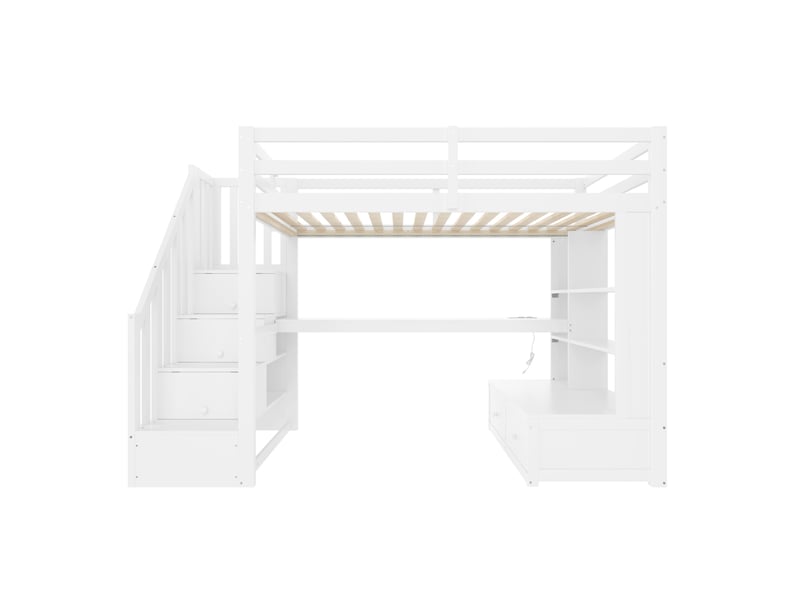  Lit mezzanine 90x200 cm blanc avec bureau, étagères, 2 tiroirs, escalier de rangement et led, sans matelas  - Conforama D