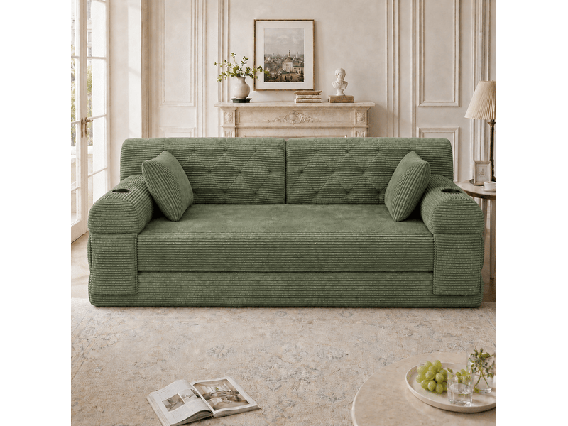  Canapé-lit 2 places vert en velours côtelé, dossier haut et porte-gobelets  - Conforama D