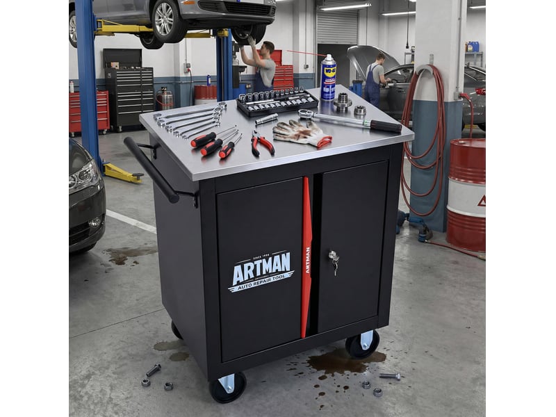 Meuble de rangement à roulettes avec 2 portes, serrure et plateau pour garage, acier noir et rouge, 62,5 × 34,5 × 78 cm - Conforama C