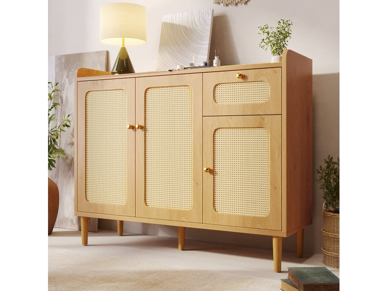  Buffet bas 120x40x91 cm 3 portes 1 tiroir avec cannage mdf coloris chêne  - Conforama C
