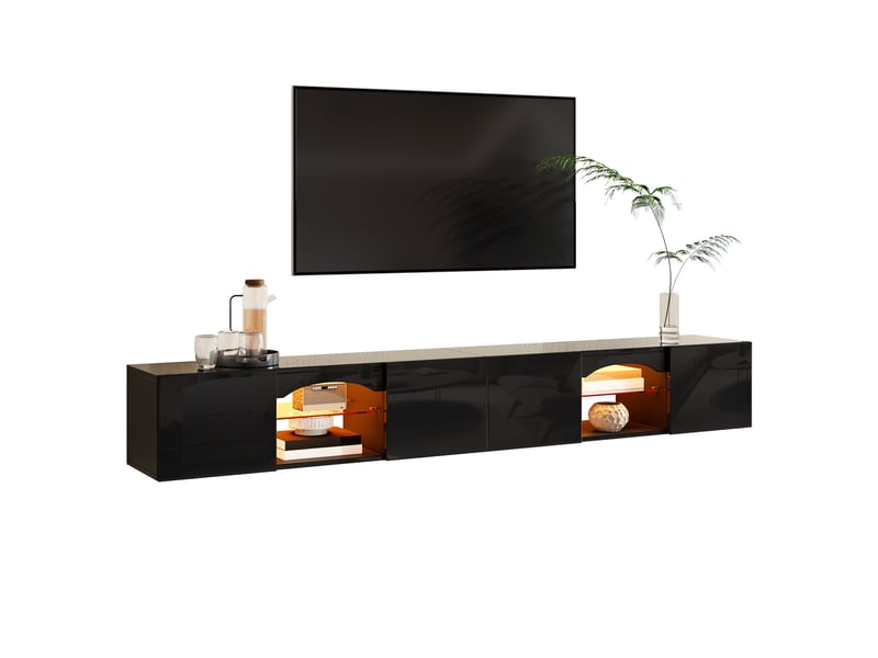  Meuble tv bas tcqpz 200 x 30 x 28 cm 4 portes led contrôlée par application noir  - Conforama A