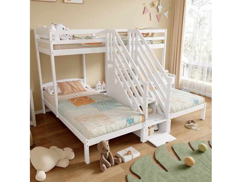  Lit mezzanine enfant 3 couchages 90 x 200 cm en bois et mdf blanc avec escalier à tiroirs  - Conforama D