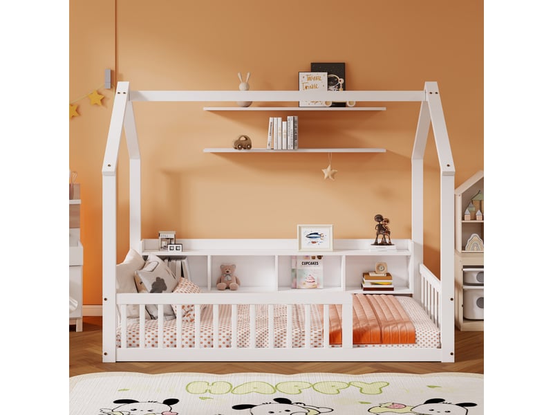  Lit cabane au sol 90x200 cm - 4 compartiments - barrières - entrée large - style scandinave - pin - blanc CozyNest - Conforama B