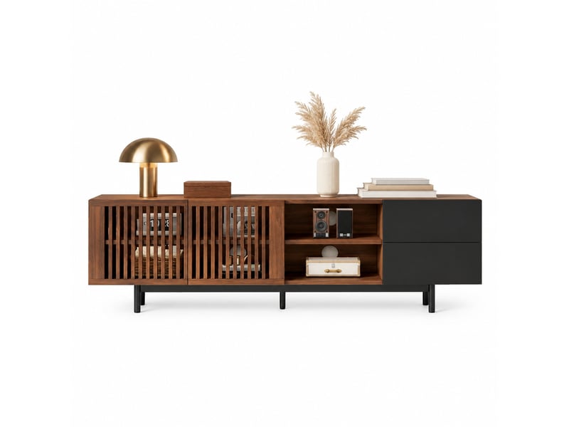  Meuble tv avec 2 portes à lamelles, 2 tiroirs et niches ouvertes, pour salon, en mdf, noir et bois, 160 × 38 × 50 cm  - Conforama A