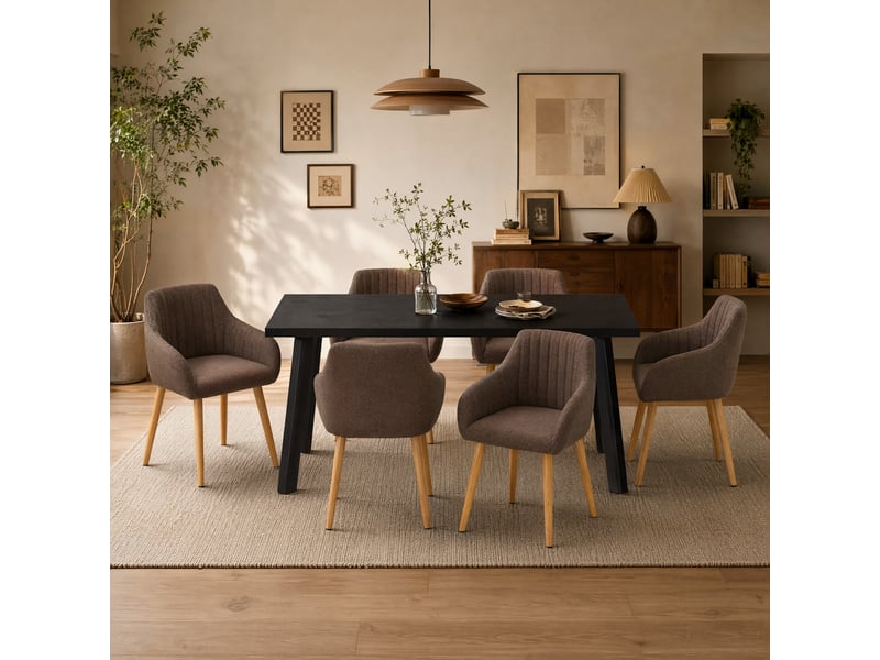  Ensemble table et 6 chaises - table rectangulaire 160x80 cm monobloc en chêne noir et pieds métal, 6 chaises en tissu marron moka et pieds bois  - Conforama A