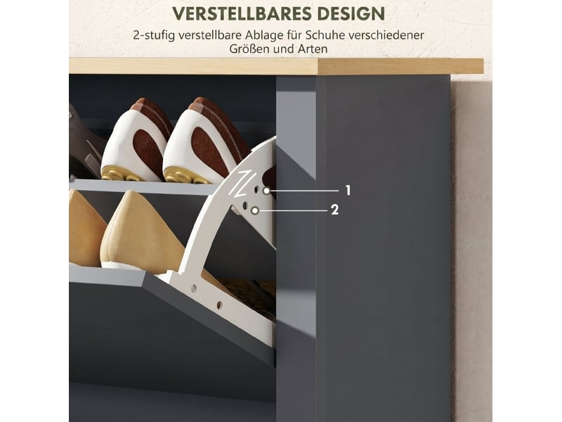  Meuble à chaussures,72x26x80 cm,2 abattants avec rangement,mdf,gris foncé  - Conforama E