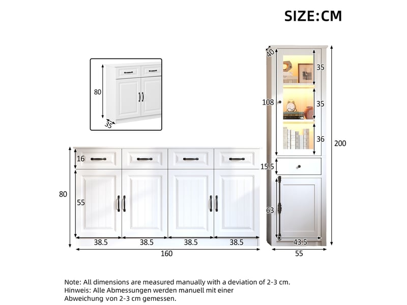  Ensemble de 2 meubles de rangement : buffet 160 cm et vitrine avec éclairage led, blanc  - Conforama E