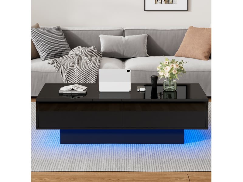  Table basse moderne 115 x 55 x 34 cm 2 tiroirs del intégrée capacité 30 kg finition laquée panneau de particules noir  - Conforama R