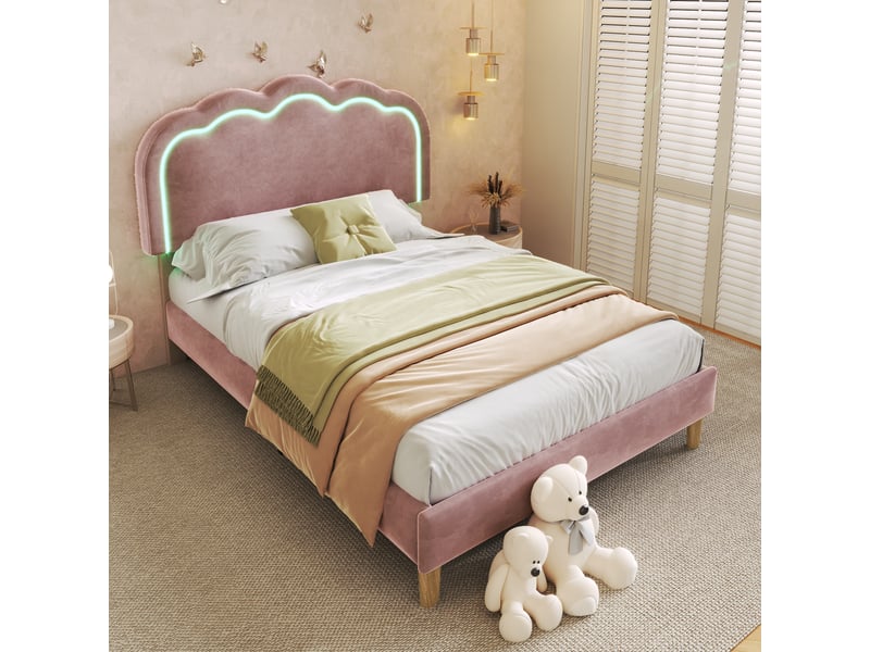  Lit simple 200×90 cm avec tête de lit réglable et éclairage led multicolore, sans matelas, en velours rose  - Conforama B