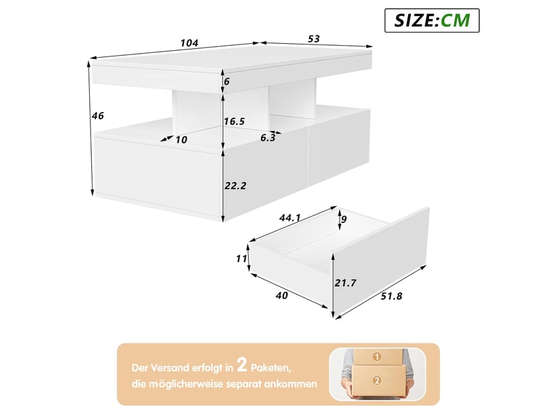  Table basse laquée blanche – éclairage led rgb – 2 tiroirs extra-larges – plateau à plusieurs niveaux – grand espace de rangement  - Conforama C
