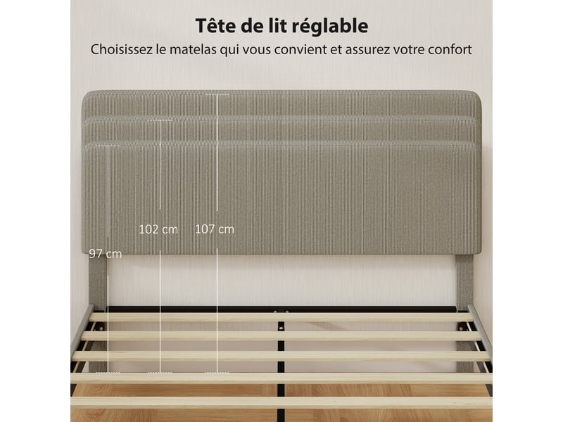  Cadre de lit 160 x 200 cm, sommier à lattes en bois, tête de lit réglable, lit double rembourré en velours côtelé, gris  - Conforama D