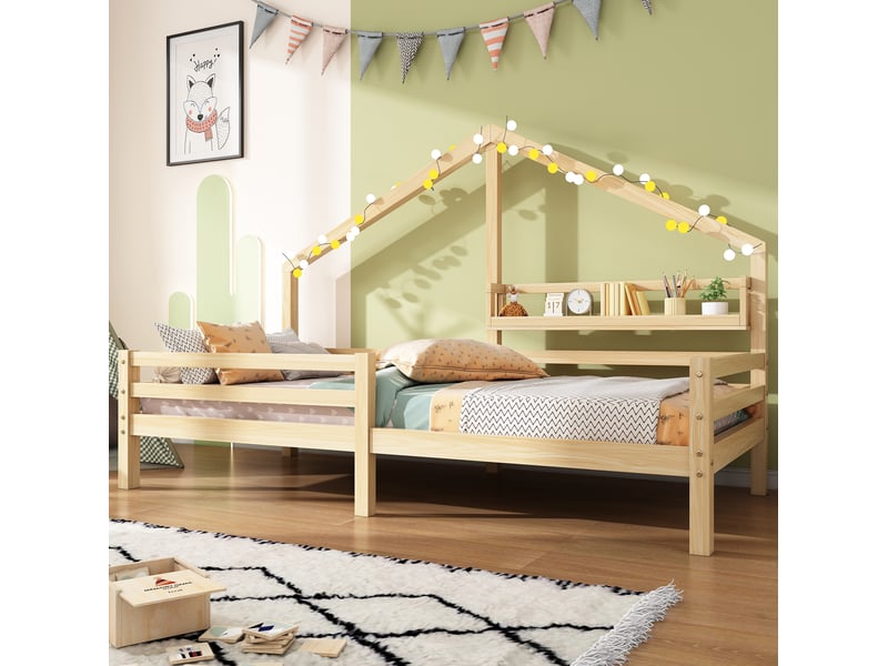 Lit enfant cabane 90 x 200 cm naturel en bois de pin, avec étagère arrière et barrières de sécurité latérales - Conforama B