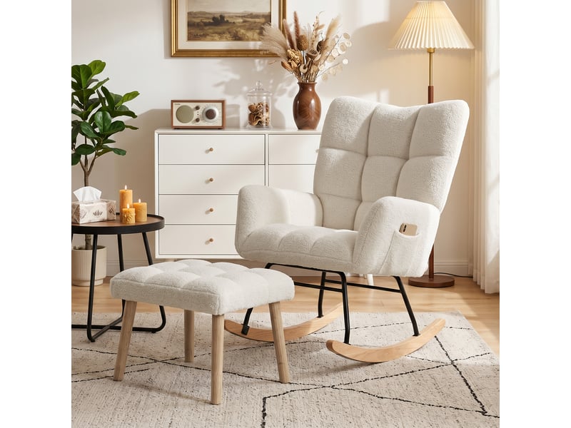  Fauteuil à bascule sherpa avec repose-pieds, poches latérales, assise épaisse et matelassage, couleur crème  - Conforama D