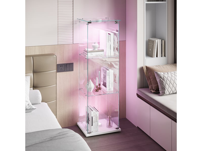 Vitrine en verre 3 niveaux simple porte - blanc - 39,8 x 35 x 123,5 cm - armoire d'exposition avec éclairage led et base blanche - Conforama C