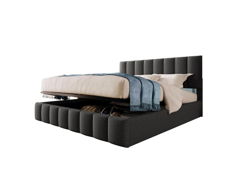 Lit coffre 140x200 avec matelas inclus, en lin gris, tête de lit réglable - Conforama A