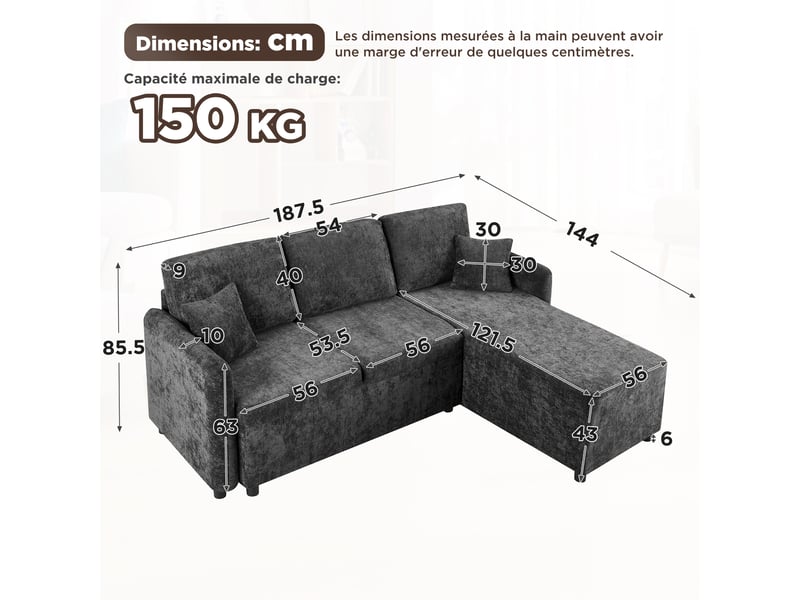 Canapé d'angle 3 places - forme en l avec surface de couchage 144 cm - revêtement chenille haute qualité 187.5x144x85.5cm - Conforama E