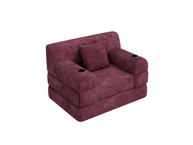 Canapé convertible compressé 1 place en velours côtelé rouge bordeaux avec porte-gobelets - Conforama A