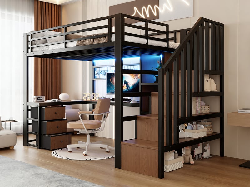 Lit mezzanine ,90x200cm, avec lumineuse led, bureau intégrés et compartiment de rangement, noir  - Conforama B