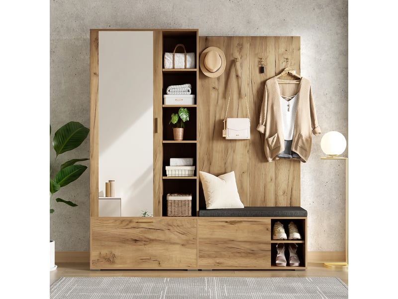  Meuble d'entrée 160x38x180cm avec banc rembourré, meuble à chaussures à abattants, miroir, tringle extensible et 4 patères, rangement d'entrée  - Conforama B