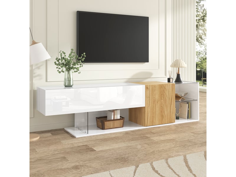 Meuble tv 180x38x48 cm, portes de rangement, étagères en verre, finition brillante pour salon et séjour - bois naturel et blanc - Conforama B