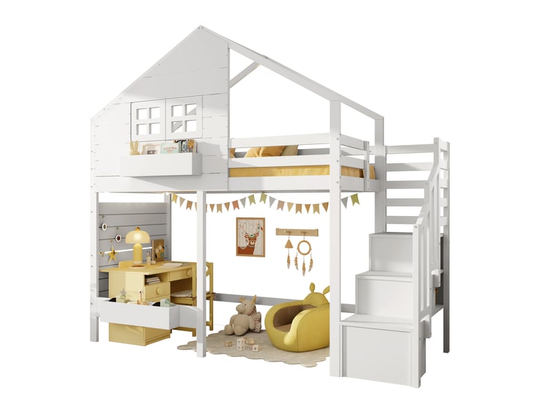  Lit superposé enfant 90x200 cabane avec fenêtre - escalier rangement et protection anti-chute - bois massif blanc  - Conforama A