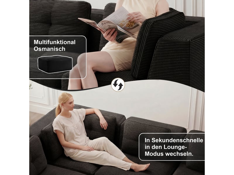 Grand canapé panoramique modulable velours côtelé noir – 295 x 295 x 69 cm Fay Lum - Conforama E