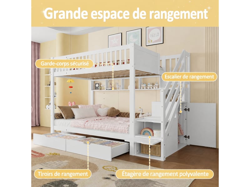  Lit superposé enfant 90x200 cm avec armoire, 2 tiroirs, étagères et escalier de rangement, en pin et mdf, blanc  - Conforama R