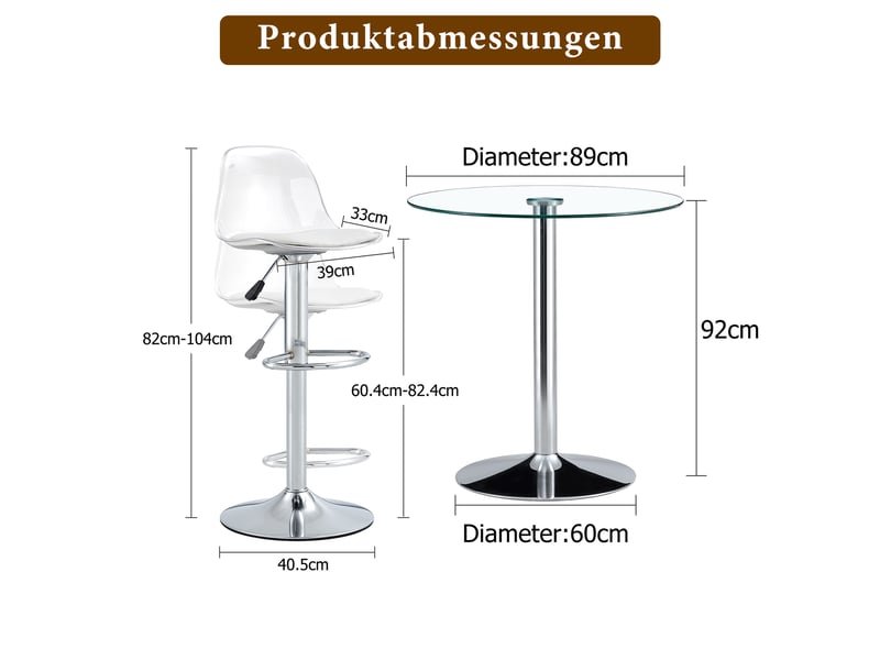  Ensemble table et chaises de bar avec 1 table, 2 tabourets  - réglables et pivotants - verre, métal et plastique - argenté transparent  - Conforama D