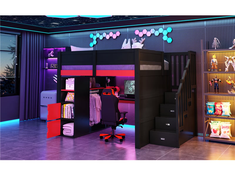  Lit mezzanine 140 x 200 cm, lit enfant surélevé, placard intégré, bureau intégré, étagères ouvertes, éclairage led, échelle, contreplaqué, noir Morn Vibe - Conforama E