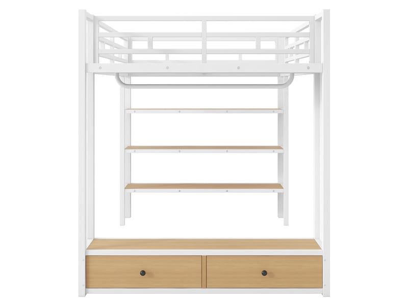 Lit mezzanine 140x200 cm blanc, avec penderie, rangements, 2 tiroirs, étagères, panneau perforé, led 7 couleurs, structure métal, sommier inclus, sans matelas  - Conforama E