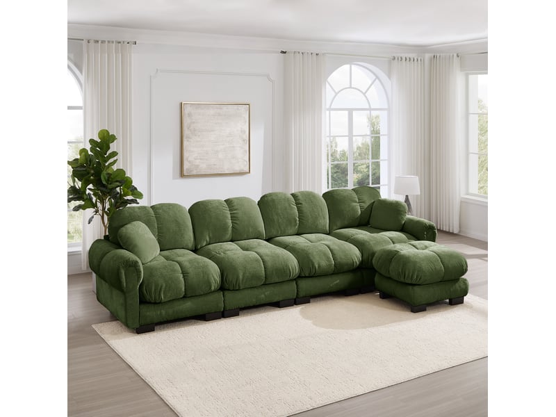  Canapé d'angle modulable 4 places modenvie avec pouf mobile, tissu chenille vert, dossier ergonomique, design matelassé, 330 x 149 x 90 cm  - Conforama E