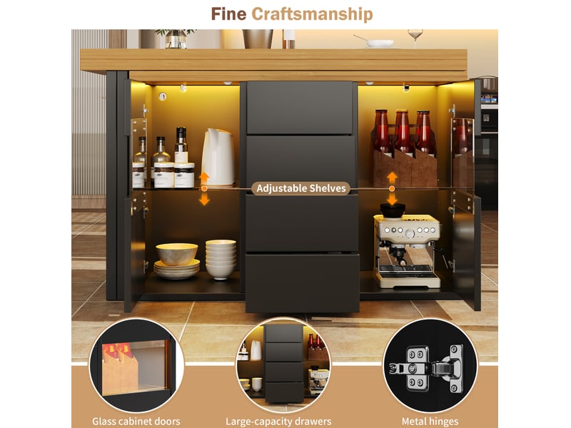 Desserte de cuisine rotative à 360°, 4 tiroirs, portes vitrées et étagères réglables avec led pour cuisine et salle à manger, 120 à 197 × 40 × 73,8 cm - Conforama E