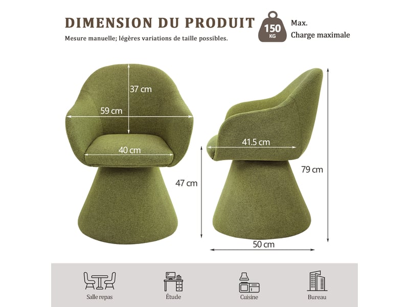 Chaise de salle à manger pivotante 360° design cocon – goeurvant, tissu effet lin, rembourré, vert mousse  - Conforama C