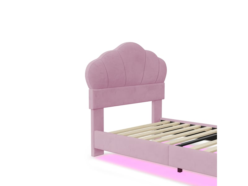  Lit enfant 90x200 cm, led, tête de lit et sommier, style moderne, velours rose, sans matelas  - Conforama R