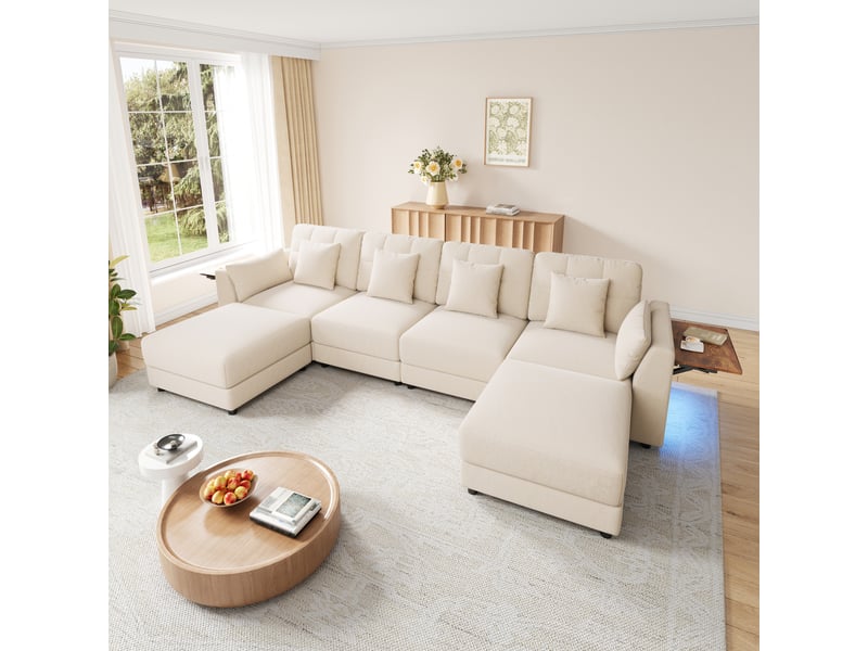  Canapé d'angle panoramique fixe 6 places tissu led beige  - Conforama D