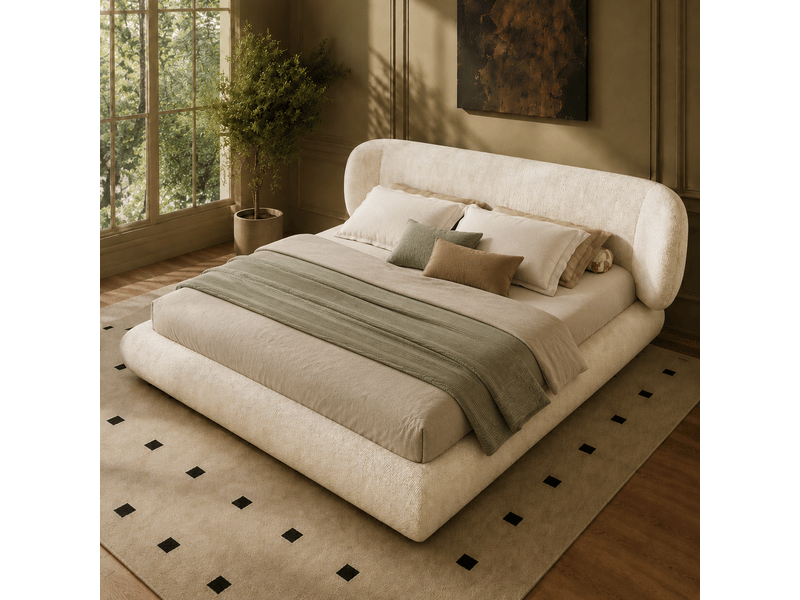  Lit rembourré 140 × 190 cm 2 places avec tête de lit, sans matelas, en chenille beige, bords arrondis  - Conforama B
