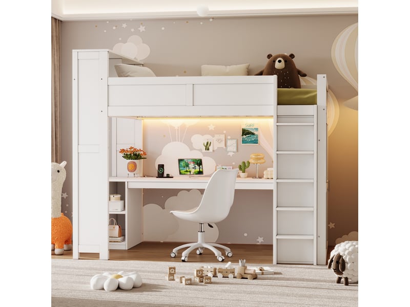  Lit mezzanine 90x200 cm avec bureau, rangements, armoire, usb et led blanc  - Conforama D