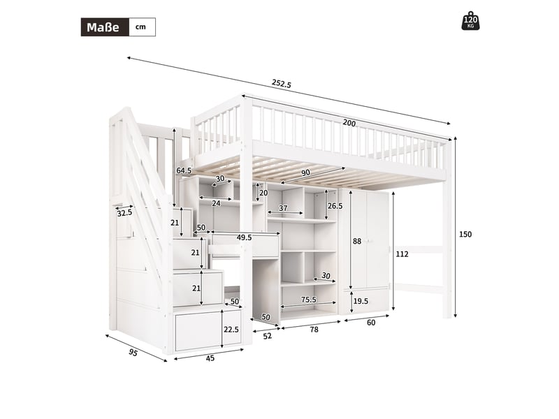 Lit mezzanine enfant 90x200 cm, bureau, escalier de rangement, armoire, sommier à lattes, bois et mdf, blanc sans matelas - Conforama C