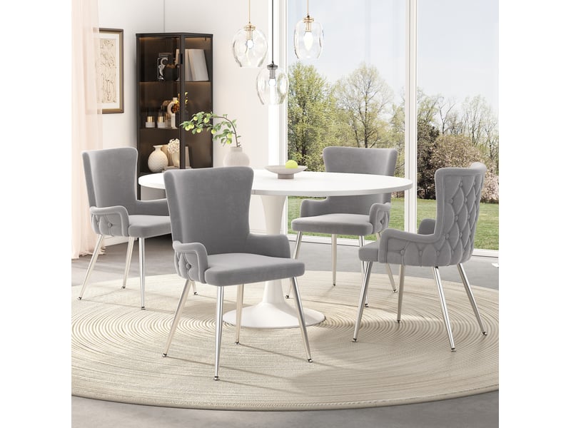  Lot de 4 chaises 49x47x85cm avec pieds en métal argenté, dossier à design de boutons, style élégant, velours, gris  - Conforama B