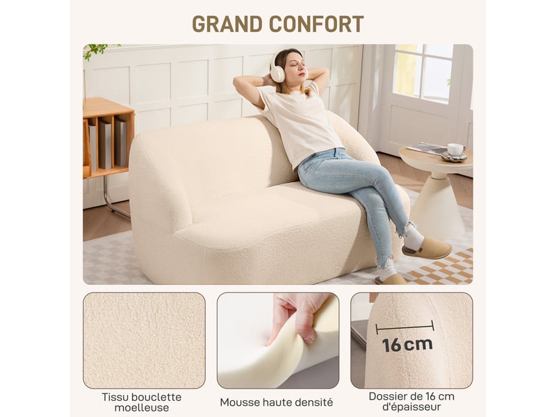 Canapé 2 places canapé en tissu bouclette 142 cm avec dossier et assise incurvés, beige, aucun assemblage requis - Conforama E