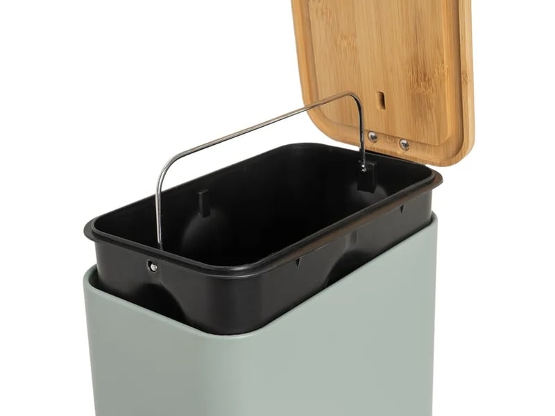 Poubelle à pédale en métal vert sauge et couvercle en bambou naturel avec seau intérieur amovible, capacité 5l - longueur 25 x profondeur 14 x hauteur 27 cm - Conforama C