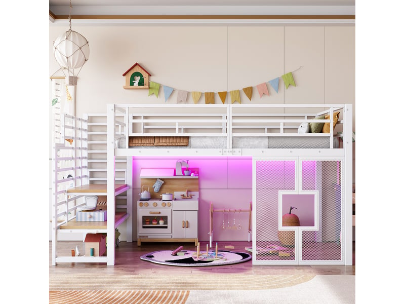  Lit mezzanine 90x200 cm métal et mdf blanc avec escalier, rangement et led  - Conforama E