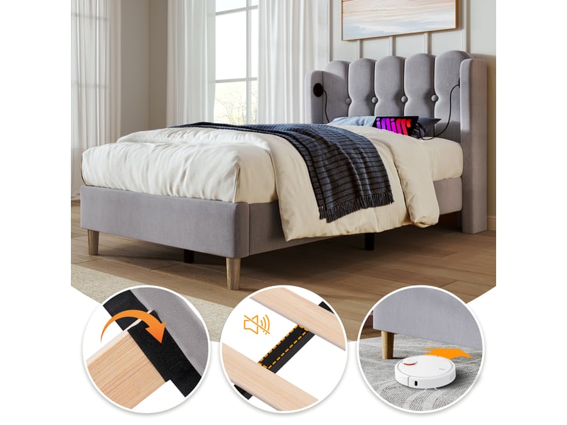 Lit simple 90 x 200 cm - lit adult avec port usb type-c - lin, mdf, métal - avec matelas - gris - Conforama E