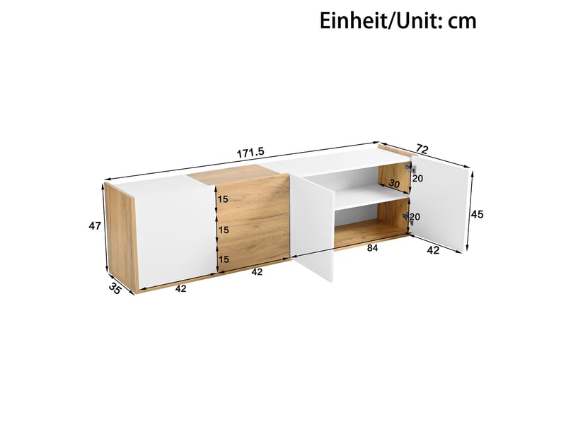  Meuble tv bas blanc et bois, avec panneau mural ou pose au sol, design moderne  - Conforama C