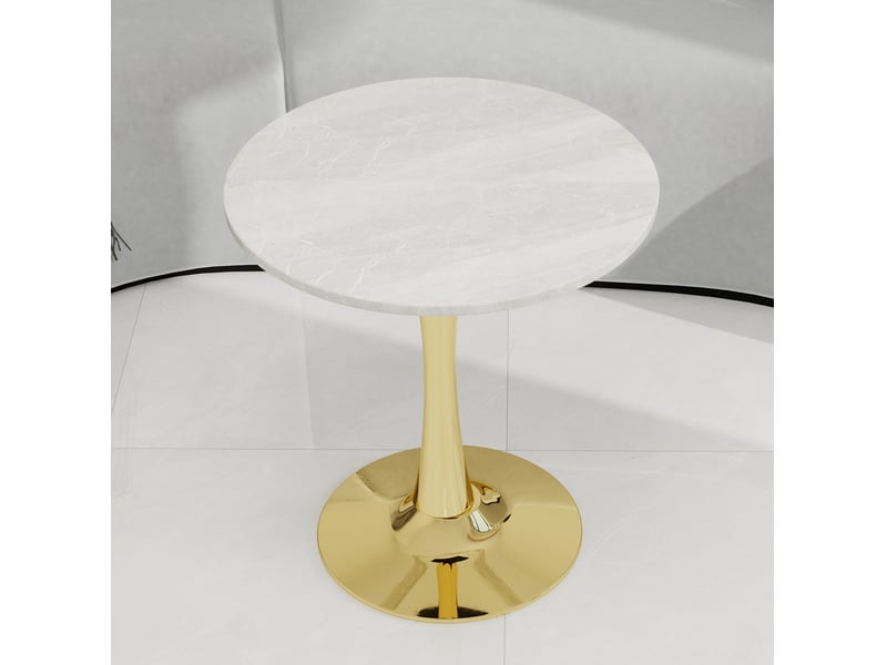  Guéridon rond 70x70x72 cm, 2 places, plateau effet marbre veiné, pied central, marbre artificiel, doré et blanc  - Conforama D