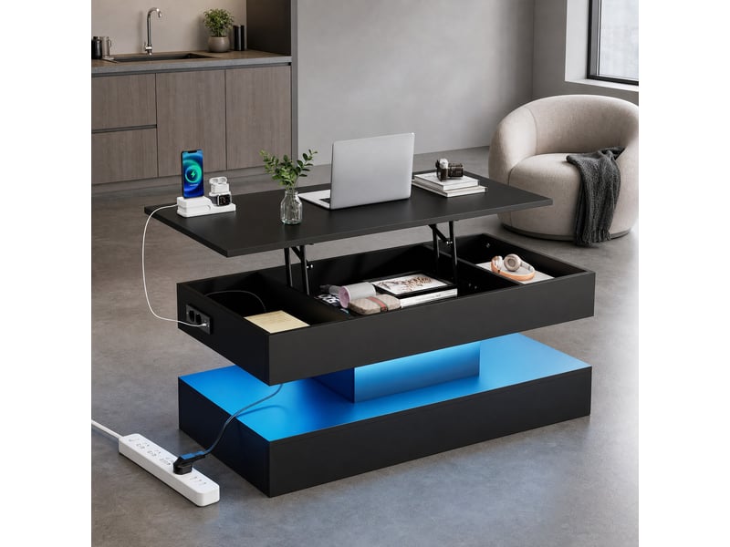  Table basse 100x50x42 cm relevable avec led bluetooth et rangement caché, noire  - Conforama C