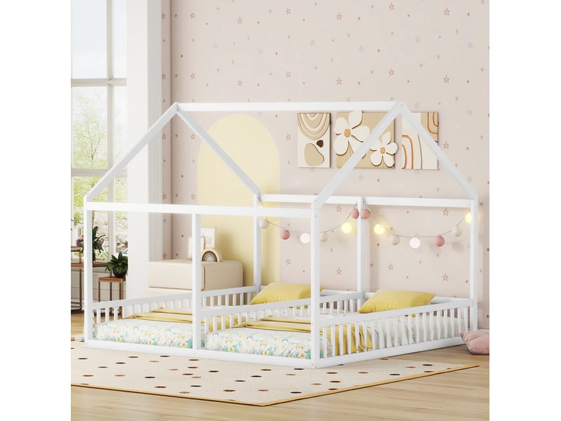  Modenvie lit enfant cabane double 90x200 cm - 2 couchages avec barrières - pour chambre d'enfant - blanc  - Conforama D