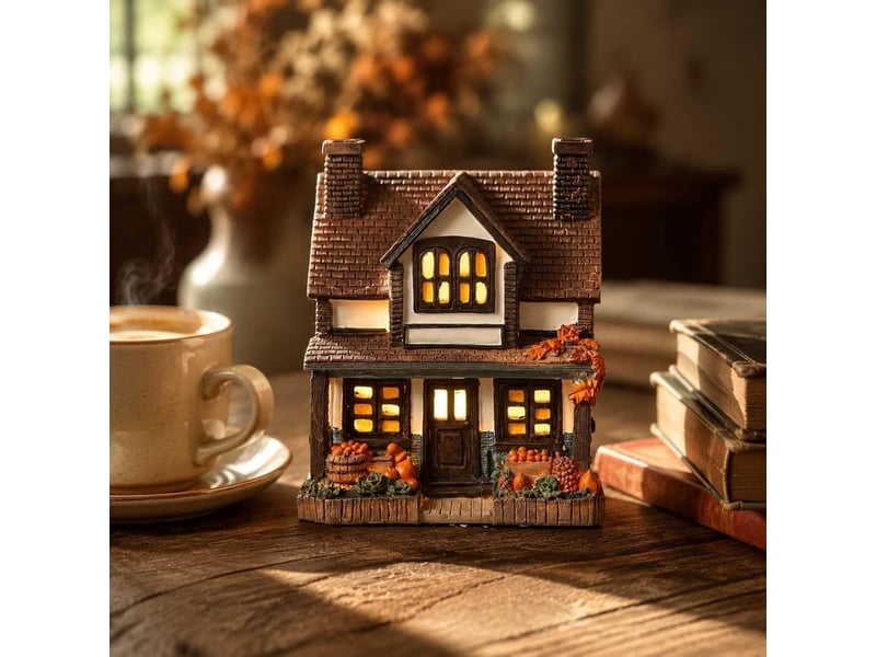  Décoration automne lumineuse 1 pièces, maison de village en résine avec led blanc chaud, décoration de table, noir  - Conforama B